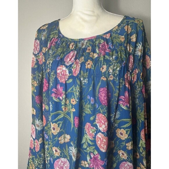 Terra & Sky Blue Smocked Chiffon Floral Blouse Plus Size 3X (24/26) - Picture 8 of 14